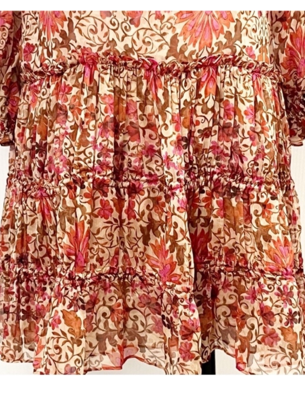 Misa Los Angeles Llanit Chiffon Floral Tie-Neck Tiered Swing Dress Pink Brown XS - Picture 7 of 13